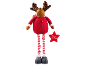 Un renne en peluche, vêtu de rouge, avec des pattes rayées et une étoile «Merry Christmas».
