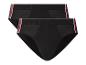 Deux paires de slips noirs pour hommes avec des bandes latérales rouges et blanches.