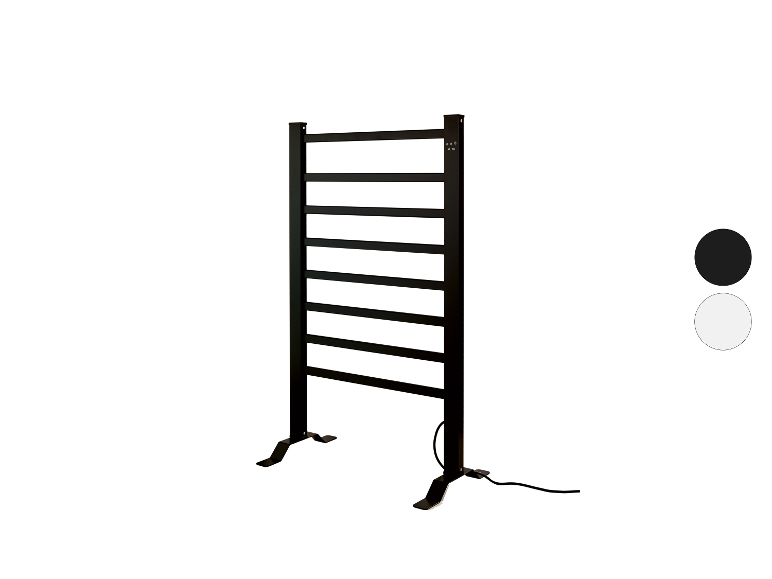 Sèche-serviettes électrique noir avec plusieurs barres et panneau de commande, avec options de couleur.