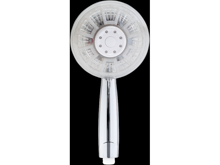 Pommeau de douche rond transparent avec lumières LED et poignée chromée.