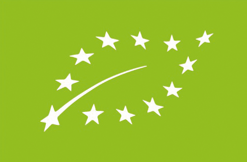 Logo biologique de l'UE en forme de feuille faite d'étoiles blanches sur fond vert.