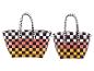 Deux sacs à main à carreaux noirs et blancs avec des accents jaunes et roses.