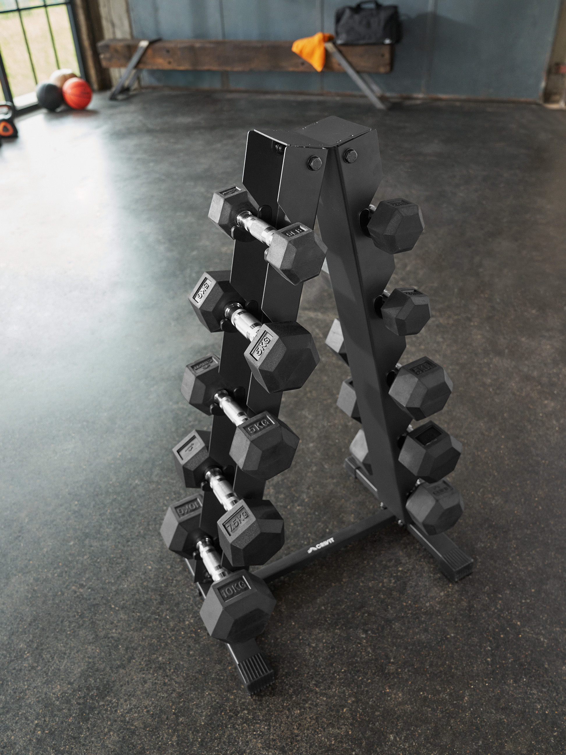 Un support d'haltères noir, rempli d'haltères de différents poids, dans une salle de sport.