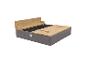 Bac à sable en bois avec bancs pliables et couvercle, tons gris et bois naturel.