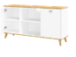 Buffet blanc moderne avec détails en bois et étagères ouvertes.