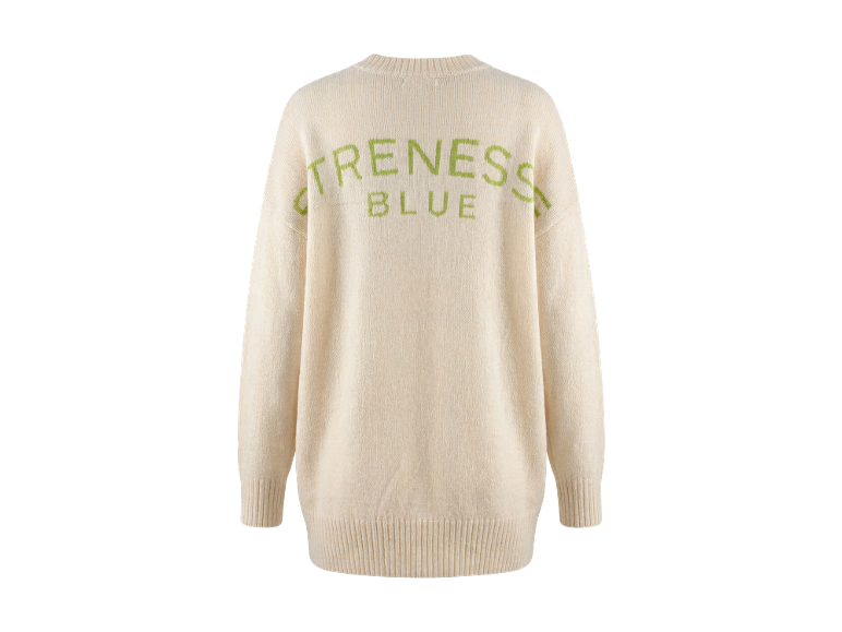 Pull en maille oversize beige avec inscription verte au dos.
