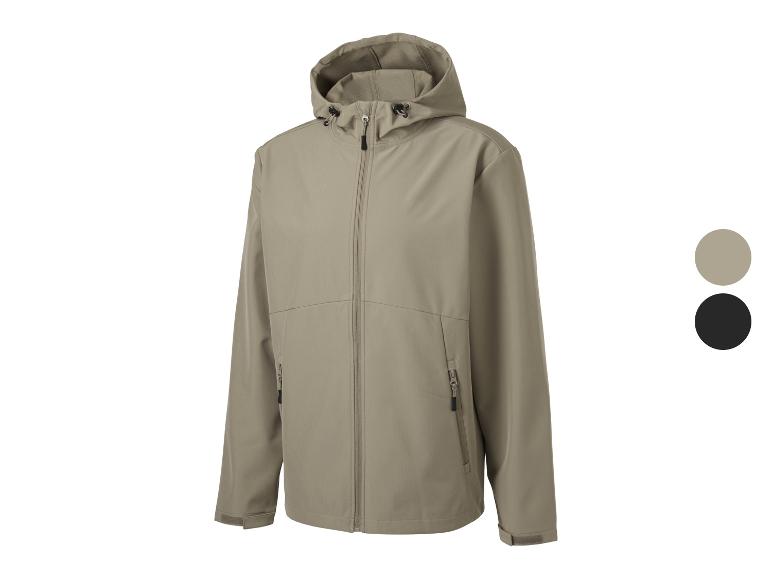 Veste softshell à capuche pour homme en beige, avec options de couleur noire et beige.