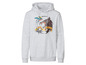 Sweat-shirt à capuche gris avec un imprimé de loup et d'oiseau.