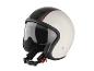 Un casque de moto blanc avec des rayures rouges et une visière.