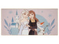 Elsa, Anna et Olaf sur un tapis rose avec un château.