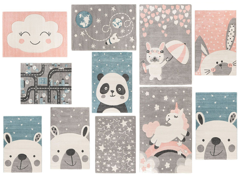 Tapis pour enfants avec un panda, une licorne et d'autres motifs d'animaux.