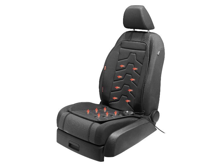 Housse de siège de voiture noire avec fonction massage et chauffage, avec flèches rouges indiquant le flux.