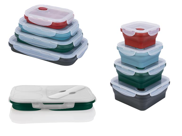Un ensemble de contenants de stockage pour aliments, y compris des contenants avec compartiments et des contenants pliables.
