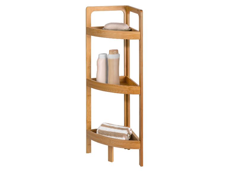 Étagère d'angle en bambou avec savon, shampoing et serviette