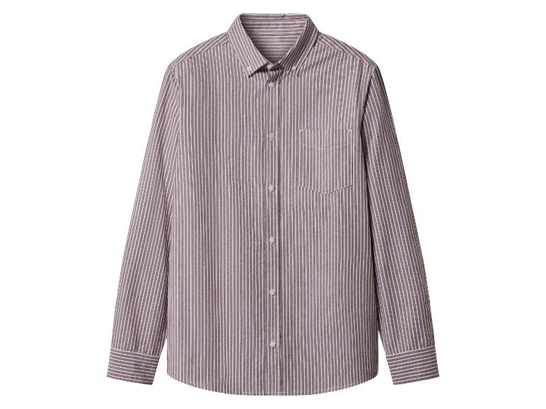 Chemise à manches longues à rayures marron et blanches, col boutonné et poche poitrine.