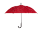 Un parapluie rouge à pois blancs sur fond noir.