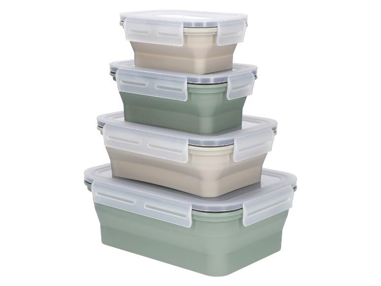 Pile de quatre récipients alimentaires pliables dans des tons verts et beiges.