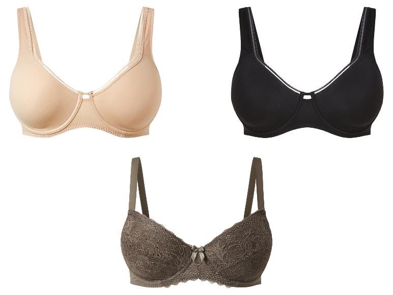 Trois soutiens-gorge en beige, noir et dentelle marron.