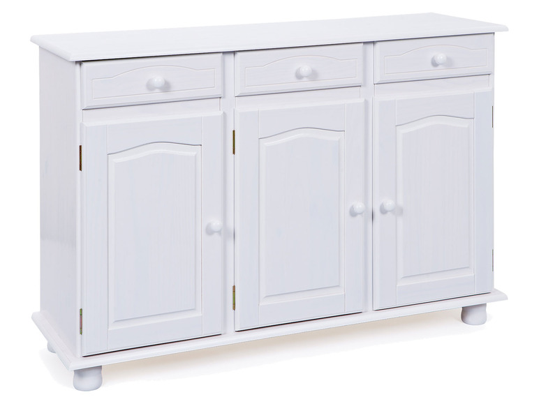 Commode blanche avec deux tiroirs et trois portes.