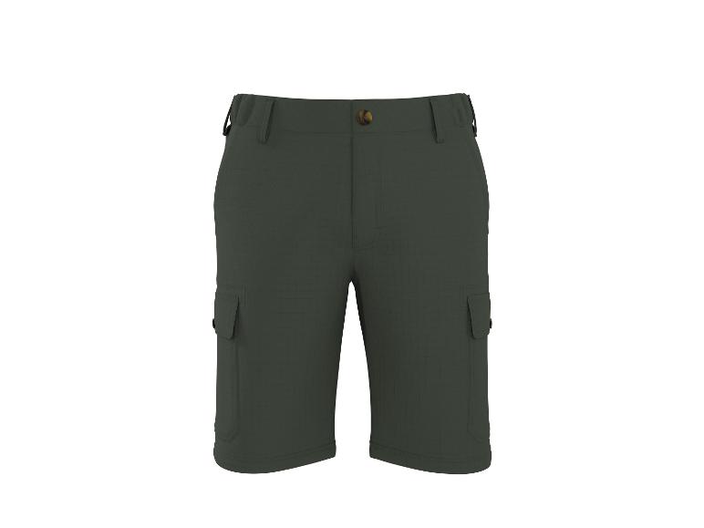 Shorts cargo vert foncé avec poches latérales et bouton en bois.
