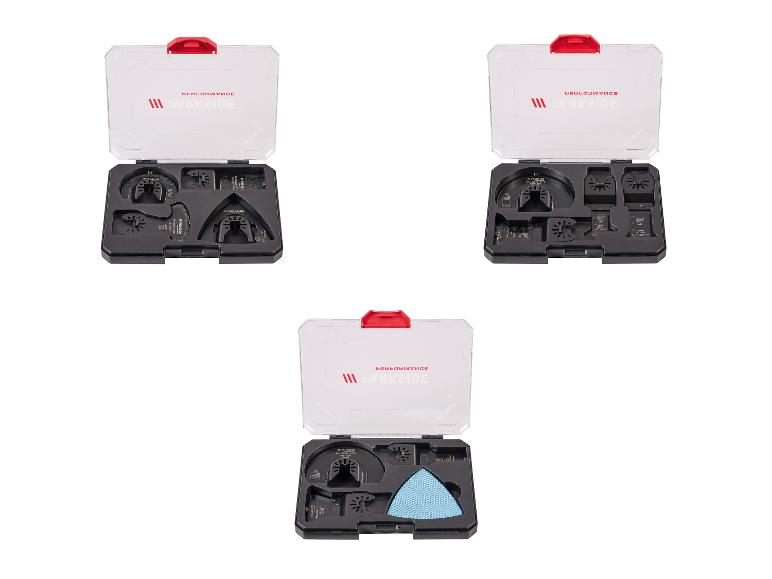 Trois ensembles d'accessoires pour outils oscillants Parkside dans des boîtiers transparents.