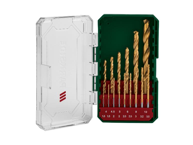 Jeu de forets dorés dans un étui vert et transparent avec des tailles de 1,5 à 10 mm.