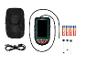 Caméra d'inspection avec écran, câble USB, piles et accessoires.