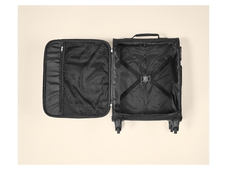 Valise noire ouverte avec compartiments et sangles élastiques.