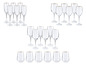 Différents verres avec un bord doré, y compris des flûtes à champagne, des verres à vin et des verres tumbler.