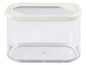 Une boîte de rangement en plastique transparent avec un couvercle blanc.