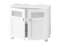 Meuble de salle de bain blanc avec portes ouvertes et découpe pour lavabo.