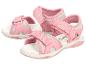 Sandales roses pour enfants avec fermeture velcro et détail perroquet.