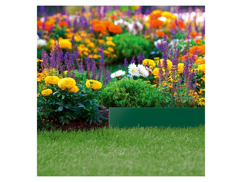 Jardin fleuri avec des fleurs jaunes, violettes et oranges, de l'herbe verte et une bordure.