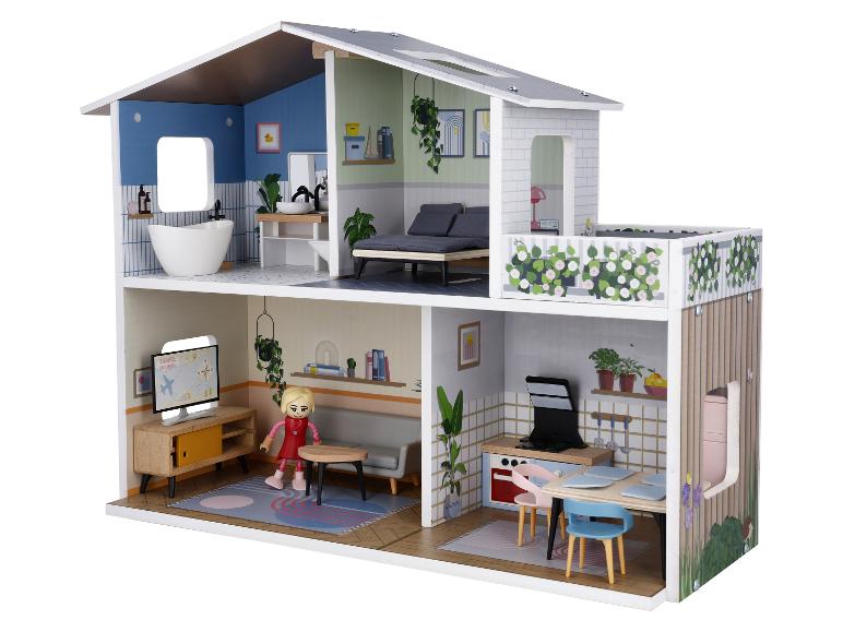 Maison de poupée à deux étages avec quatre pièces meublées et une poupée.