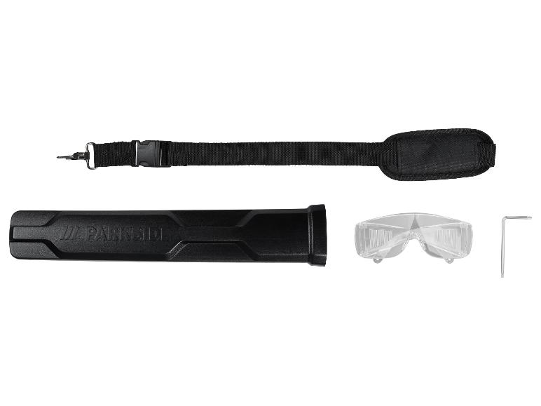 Accessoires Parkside : sangle d'épaule, étui, lunettes de protection et clé Allen.