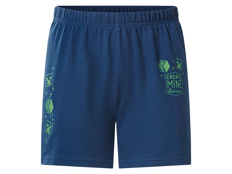Short bleu foncé avec le texte « CREATE MINE Survive » et des symboles inspirés de Minecraft.