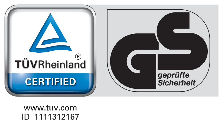 Sceau certifié TÜV Rheinland et GS geprüfte Sicherheit, www.tuv.com ID 1111312167.