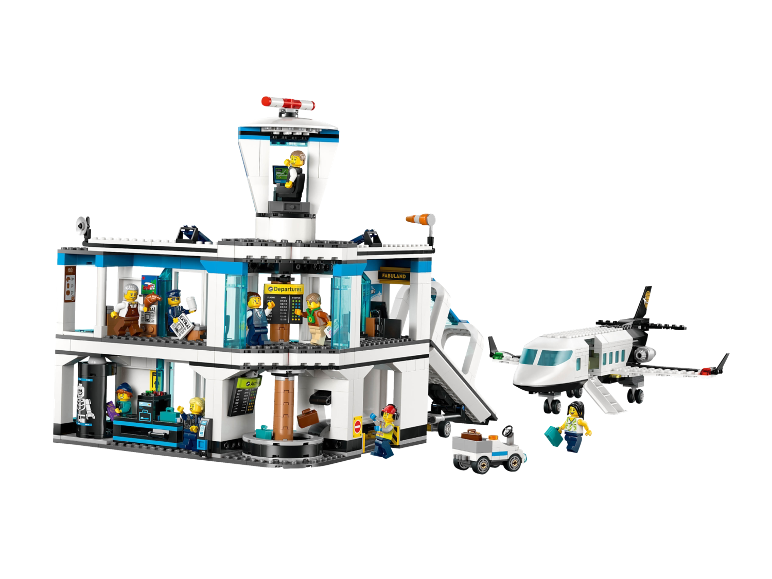 Jeu de construction de terminal d'aéroport avec un avion de ligne et des figurines