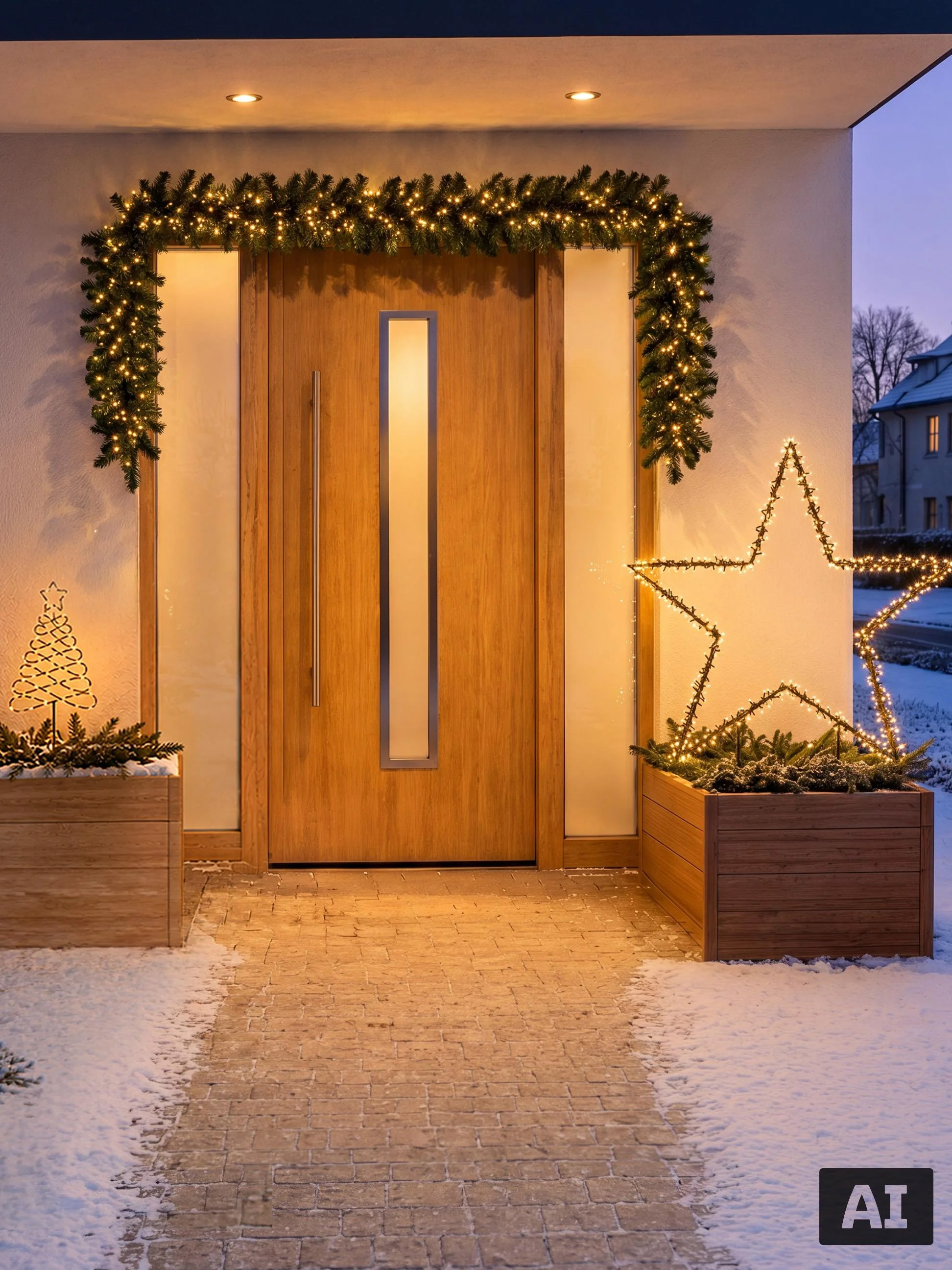 Porte d'entrée en bois décorée d'une guirlande de Noël et d'une étoile lumineuse dans un bac.
