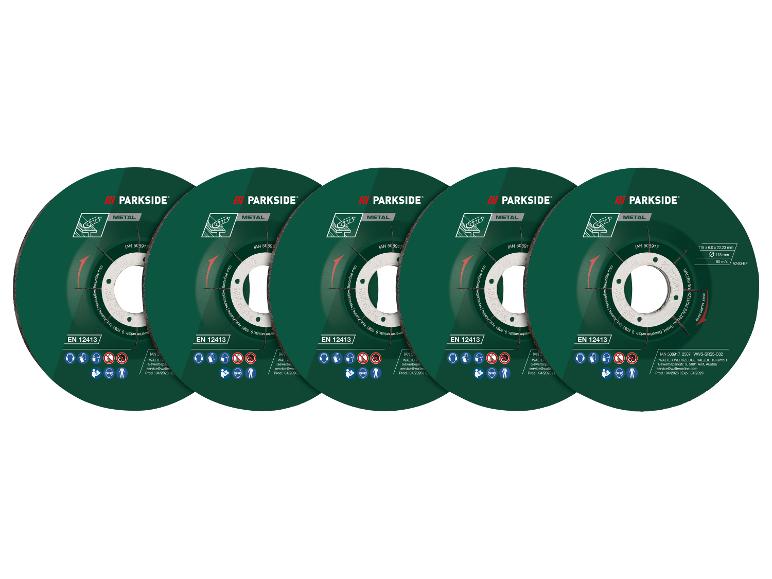 Cinq disques à tronçonner le métal verts avec pictogrammes de sécurité et spécifications.