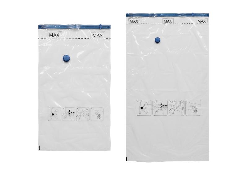 Deux sacs de rangement sous vide transparents avec l'inscription « MAX » et des instructions d'utilisation.