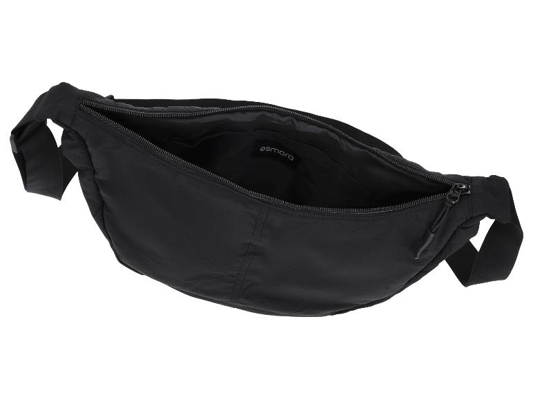 Sac banane noir avec fermeture éclair ouverte et l'inscription 'esmara' à l'intérieur.