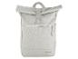 Sac à dos roll-top gris clair avec poche avant zippée et poignée supérieure.