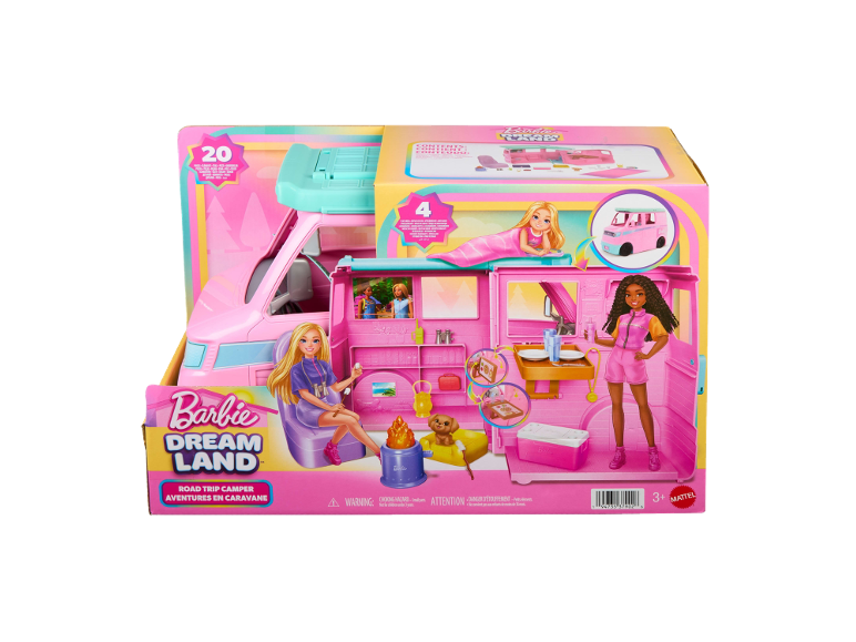 Camping-car rose en jouet avec figurines et accessoires dans sa boîte d'emballage.