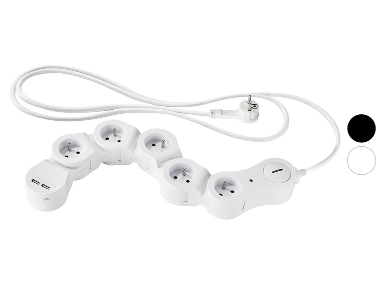 Multiprise blanche avec 5 prises et 2 ports USB.