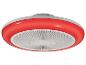 Ventilateur de plafond rond avec bordure rouge et grille blanche.