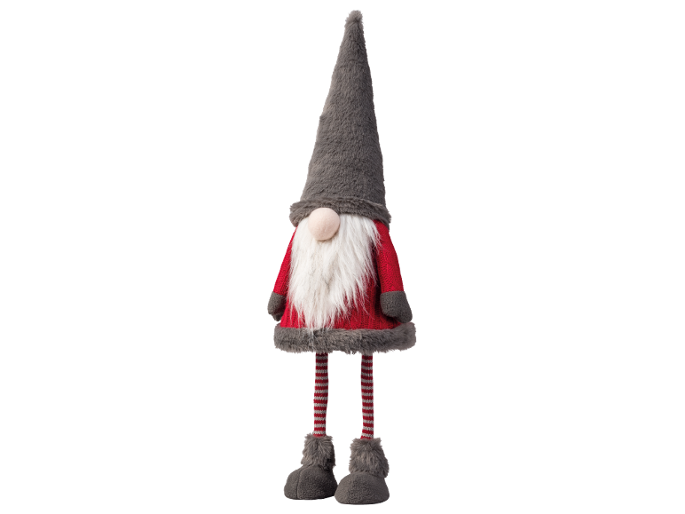 Décoration de gnome de Noël avec chapeau gris, barbe blanche, haut rouge et jambes rayées