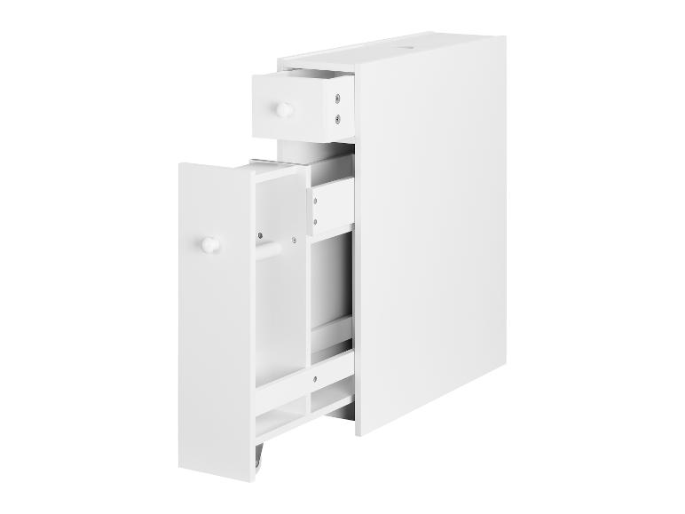 Meuble de salle de bain blanc et étroit avec tiroirs et étagères coulissants.