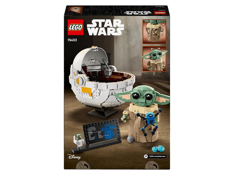 Ensemble LEGO Star Wars 75403 avec Grogu, son landau flottant et une plaque d'information.