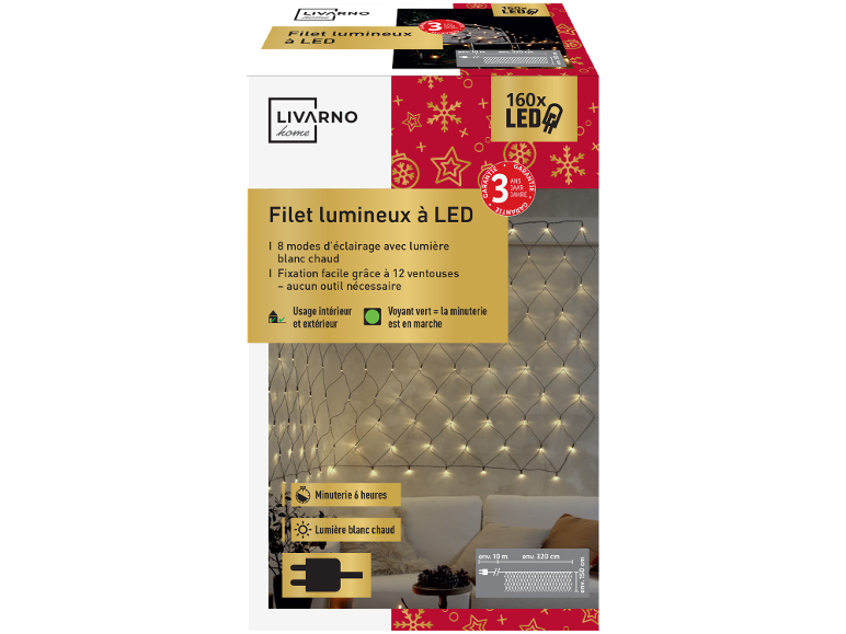 Filet lumineux LED avec 160 LED blanc chaud, 8 modes, minuterie 6h et garantie 3 ans.
